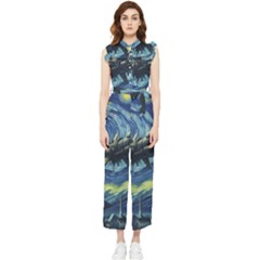 Spaceship Starry Night Van Gogh Painting Women s Frill Top Chiffon Jumpsuit by Maspions