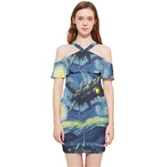 Spaceship Starry Night Van Gogh Painting Shoulder Frill Bodycon Summer Dress