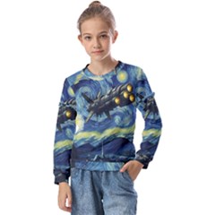 Spaceship Starry Night Van Gogh Painting Kids  Long Sleeve T-shirt With Frill 