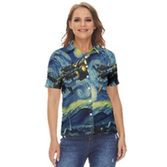 Spaceship Starry Night Van Gogh Painting Women s Short Sleeve Double Pocket Shirt