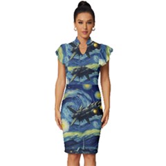 Spaceship Starry Night Van Gogh Painting Vintage Frill Sleeve V-neck Bodycon Dress