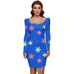 Background Star Darling Galaxy Women Long Sleeve Ruched Stretch Jersey Dress by Maspions