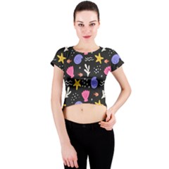 Sea Shells Pattern Wallpaper Fish Crew Neck Crop Top