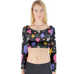 Sea Shells Pattern Wallpaper Fish Long Sleeve Crop Top