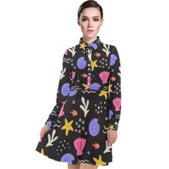 Sea Shells Pattern Wallpaper Fish Long Sleeve Chiffon Shirt Dress