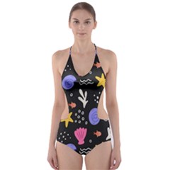 Sea Shells Pattern Wallpaper Fish Cut-out One Piece Swimsuit