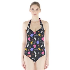 Sea Shells Pattern Wallpaper Fish Halter Swimsuit