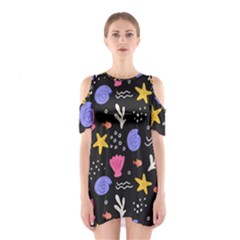 Sea Shells Pattern Wallpaper Fish Shoulder Cutout One Piece Dress