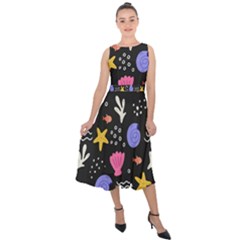 Sea Shells Pattern Wallpaper Fish Midi Tie-back Chiffon Dress