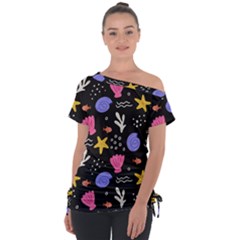 Sea Shells Pattern Wallpaper Fish Off Shoulder Tie-up T-shirt