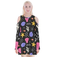 Sea Shells Pattern Wallpaper Fish Velvet Long Sleeve Shoulder Cutout Dress