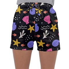 Sea Shells Pattern Wallpaper Fish Sleepwear Shorts