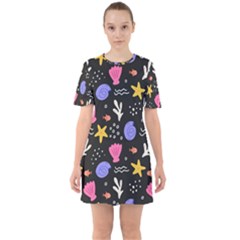 Sea Shells Pattern Wallpaper Fish Sixties Short Sleeve Mini Dress by Maspions