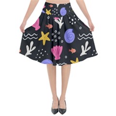 Sea Shells Pattern Wallpaper Fish Flared Midi Skirt