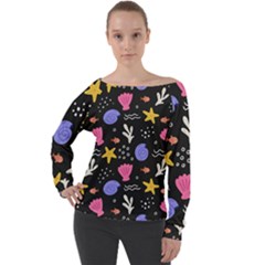 Sea Shells Pattern Wallpaper Fish Off Shoulder Long Sleeve Velour Top