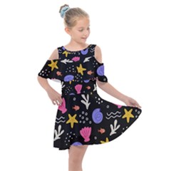 Sea Shells Pattern Wallpaper Fish Kids  Shoulder Cutout Chiffon Dress