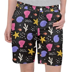 Sea Shells Pattern Wallpaper Fish Women s Pocket Shorts by Maspions