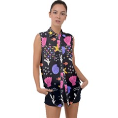 Sea Shells Pattern Wallpaper Fish Sleeveless Chiffon Button Shirt