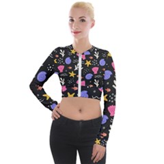 Sea Shells Pattern Wallpaper Fish Long Sleeve Cropped Velvet Jacket