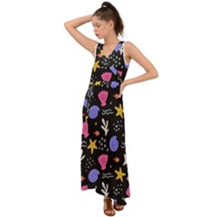 Sea Shells Pattern Wallpaper Fish V-neck Chiffon Maxi Dress