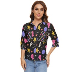 Sea Shells Pattern Wallpaper Fish Women s Quarter Sleeve Pocket Shirt