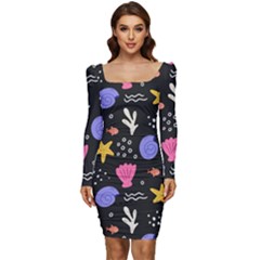 Sea Shells Pattern Wallpaper Fish Women Long Sleeve Ruched Stretch Jersey Dress