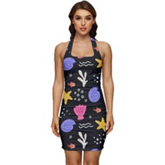 Sea Shells Pattern Wallpaper Fish Sleeveless Wide Square Neckline Ruched Bodycon Dress by Maspions