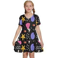 Sea Shells Pattern Wallpaper Fish Kids  Short Sleeve Tiered Mini Dress