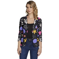 Sea Shells Pattern Wallpaper Fish Women s One-button 3/4 Sleeve Short Jacket