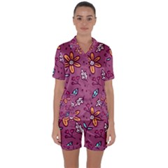 Flowers Petals Leaves Foliage Satin Short Sleeve Pajamas Set by Maspions