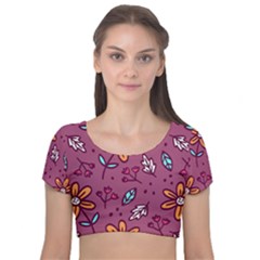 Flowers Petals Leaves Foliage Velvet Short Sleeve Crop Top 