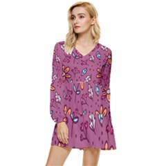 Flowers Petals Leaves Foliage Tiered Long Sleeve Mini Dress