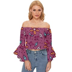 Flowers Petals Leaves Foliage Off Shoulder Flutter Bell Sleeve Top by Maspions