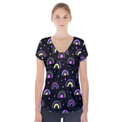 Wallpaper Pattern Rainbow Short Sleeve Front Detail Top