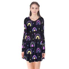 Wallpaper Pattern Rainbow Long Sleeve V-neck Flare Dress