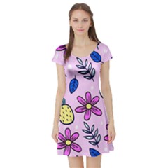 Flowers Petals Pineapples Fruit Short Sleeve Skater Dress