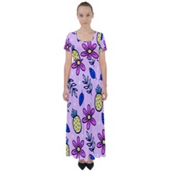 Flowers Petals Pineapples Fruit High Waist Short Sleeve Maxi Dress