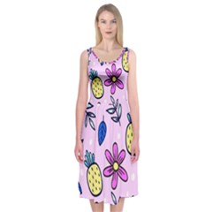 Flowers Petals Pineapples Fruit Midi Sleeveless Dress