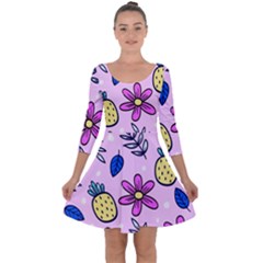 Flowers Petals Pineapples Fruit Quarter Sleeve Skater Dress