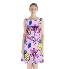 Flowers Petals Pineapples Fruit Sleeveless Waist Tie Chiffon Dress