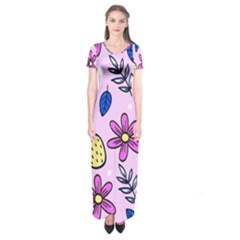 Flowers Petals Pineapples Fruit Short Sleeve Maxi Dress