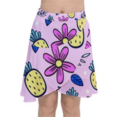 Flowers Petals Pineapples Fruit Chiffon Wrap Front Skirt