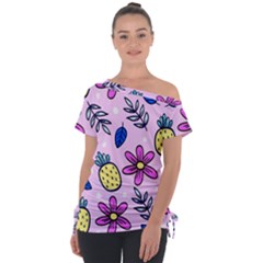 Flowers Petals Pineapples Fruit Off Shoulder Tie-up T-shirt