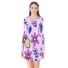 Flowers Petals Pineapples Fruit Long Sleeve V-neck Flare Dress