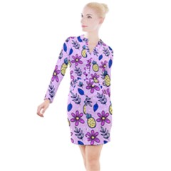 Flowers Petals Pineapples Fruit Button Long Sleeve Dress by Maspions