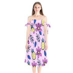 Flowers Petals Pineapples Fruit Shoulder Tie Bardot Midi Dress