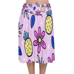 Flowers Petals Pineapples Fruit Velvet Flared Midi Skirt by Maspions