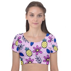 Flowers Petals Pineapples Fruit Velvet Short Sleeve Crop Top 