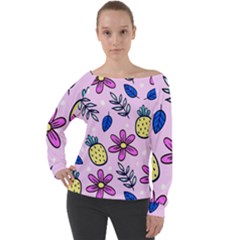 Flowers Petals Pineapples Fruit Off Shoulder Long Sleeve Velour Top