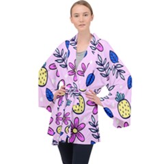 Flowers Petals Pineapples Fruit Long Sleeve Velvet Kimono 